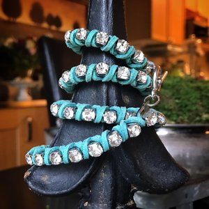Wrap Bracelet featuring Clear Rhinestones and Turquoise Suede Leather